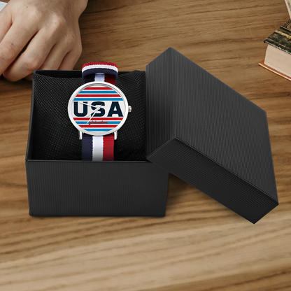 USA Red White and Blue Stripes Everyday Affordable Watch - scratch resistant silver with nylon woven 5.7-8.7in adjustable strap