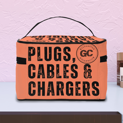 Orange "Plugs, Chargers & Cables" Portable Travel organization Bag with inner zipper pocket for wires and electronics