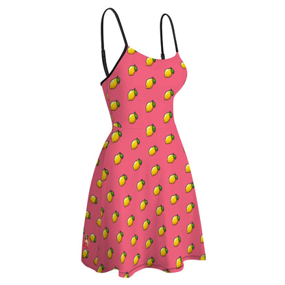 Fit and flare pink cartoon lemon pattern dress - flattering, travel, stretchy, waist cinching dress for women - adjustable straps