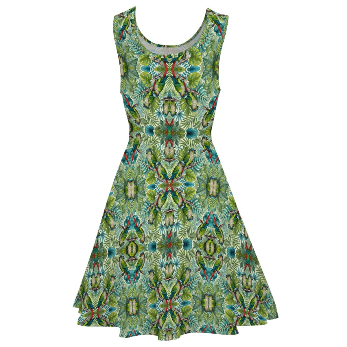 Sleeveless Travel Dress For Women - green & blue green cheeked conure bird pattern “Quinn” print dress - packable fabric