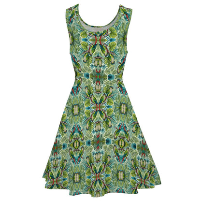 Sleeveless Travel Dress For Women - green & blue green cheeked conure bird pattern “Quinn” print dress - packable fabric